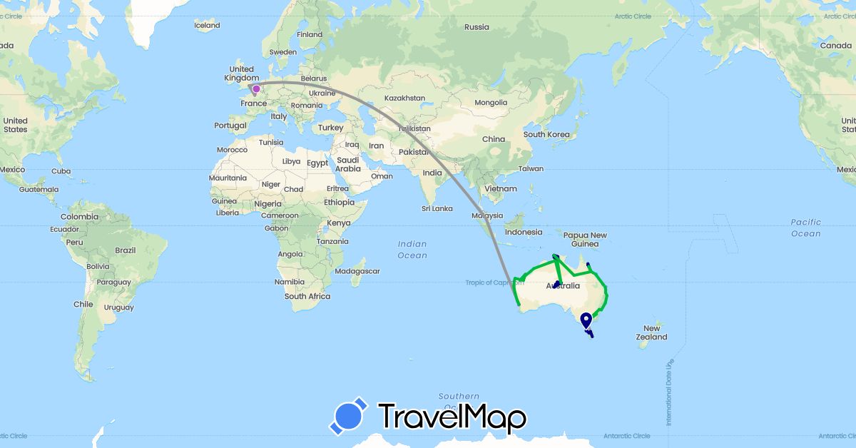 TravelMap itinerary: driving, bus, plane, train, hiking, boat in Australia, France, United Kingdom, Malaysia (Asia, Europe, Oceania)