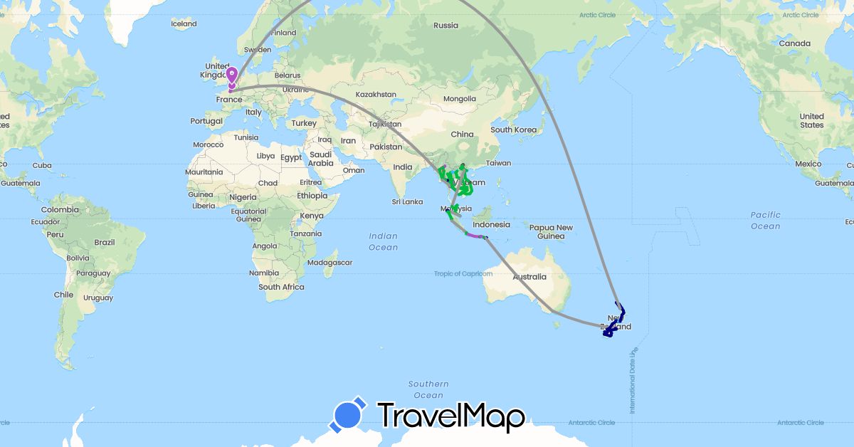 TravelMap itinerary: driving, bus, plane, train, hiking, boat, motorbike in Australia, France, Indonesia, Cambodia, Laos, Myanmar (Burma), Malaysia, New Zealand, Singapore, Thailand, Vietnam (Asia, Europe, Oceania)
